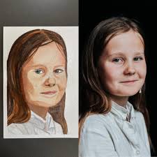 My first attempt at a portrait, with a picture from my daughter. Overall  I'm happy about the likeness, but it's not quite there yet.. Find the hair  challenging as well, but found