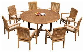 It has a rating of 4.8 with 33 reviews. 9 Piece Outdoor Teak Dining Set 72 Round Table 8 Wave Stacking Arm Chairs Transitional Outdoor Dining Sets By Teak Deals Houzz
