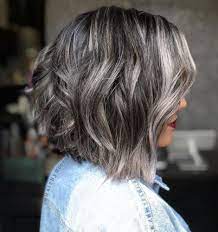 Choppy Brunette Bob With Silver Highlights Grey Hair Color Blending Gray Hair Silver Highlights