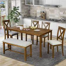 Dining table set with 4 grey retro chairs wooden legs room kitchen furniture. Trexm 6 Pieces Dining Table Set With 4 Chairs And 1 Bench Brown