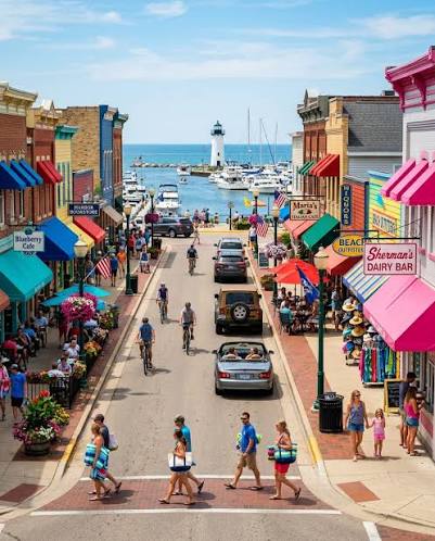 Phoenix Street in South Haven, Michigan is what a Lake Michigan summer  looks like compressed into a few blocks. 🍦 Beach towels over shoulders,  ice cream in hand, kids on bikes, and