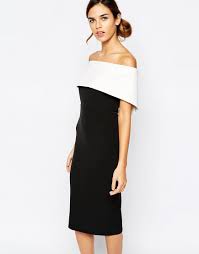 Bardot Bandeau Pencil Dress In Colour Block At Asos Com Black Tea Length Dress White Bodycon Dress Maxi Dress Party