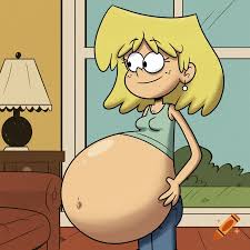 Cartoon image of Lori Loud from The Loud House with a large pregnant belly  in a room. on Craiyon