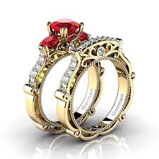 The matching combination of ruby engagement ring along with wedding ring band, is now available at affordable price for limited time. Italian 14k Yellow Gold 1 5 Ct Ruby Diamond Three Stone Engagement Ring Wedding Band Set G1108s 14kygdr Art Masters Jewelry