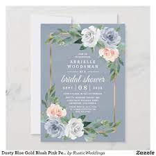 Dusty Blue Gold Blush Pink Peach Bridal Shower Invitation Zazzle Com In 2021 Peach Bridal Shower Invitations Wedding Enclosure Cards Floral Wedding Invitations
