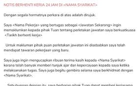 4 contoh surat letak jawatan ikut situasi, notis 24 jam, 2 minggu, sebulan versi bm. Contoh Surat Penarikan Notis Berhenti Kerja Cute766