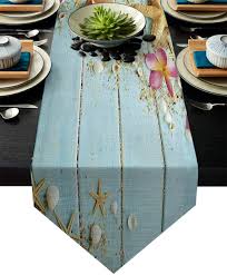 Check out our coastal table linens selection for the very best in unique or custom, handmade pieces from our there are 1549 coastal table linens for sale on etsy, and they cost $21.04 on average. Amazon Com Chic D Beach 18x72inch Table Runner Aqua Seashell And Starfish On The Coastal Cotton Linen Table Setting Decor For Wedding Party Holiday Dinner Home Machine Washable Home Kitchen