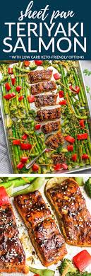 Sheet Pan Teriyaki Salmon With Asparagus Broccoli Red Bell Peppers Carrots And Edamame With Low Carb K Salmon Teriyaki Recipe Teriyaki Salmon Salmon Recipes