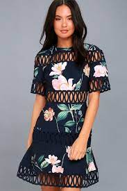 Whispers Navy Blue Floral Print Skater Dress Simple Homecoming Dresses Dresses Black Homecoming Dress