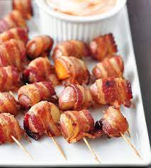 Party Recipe Bacon Wrapped Potato Bites With Spicy Sour Cream Dipping Sauce Recipe Appetizer Recipes Potato Bites Recipes