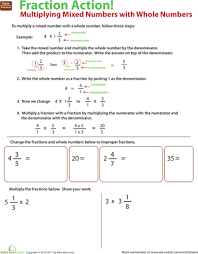 Multiply Mixed Numbers With Whole Numbers Worksheet Education Com Multiplying Mixed Numbers Mixed Numbers Fractions