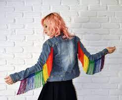 Rainbow Fringe Denim Jacket Size Small Fringe Jacket Diy Denim Jacket Denim Jacket