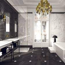 Marble bench tops, elegant sheer curtains and mirrors with metallic accents match chandeliers with crystal highlights. Black And Gold Marble Bathroom Novocom Top
