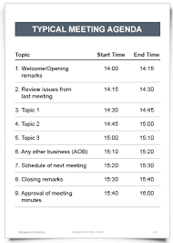 It may, but is not required to, include specific times for one or more activities. Meeting Agenda
