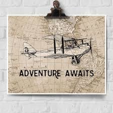Adventure Awaits Print Vintage Airplane Decor Adventure Awaits Map Wall Decor Vintage Map Art Gift Vintage Airplane Decor Airplane Decor Vintage Airplanes