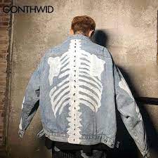 Bone jeans skeleton jeans designer. Graffiti Skeleton Bones Print Denim Jacket Casual Denim Jacket Printed Denim Jacket Printed Denim