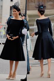 Meghan The Duchess Of Sussex Looking Lovely In A Custom Dior Navy Midi Dress And Stephen Jones Swirl F Royal Dresses Meghan Markle Outfits Meghan Markle Style