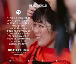 Class Valedictorian Mae Heloise R. Lisaca emphasized in her valedictory  address that setbacks and adversities should not be sealed but rather  utilized as a stepping stone to success. She reminded the graduates