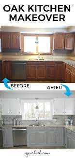 Fixer Upper Inspired Design Space Oak Kitchen Cabinet Makeover Two Toned Gray And Whit Cheap Kitchen Makeover Kitchen Diy Makeover Kitchen Cabinets Makeover