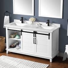These types of doors are easily identifiable, thanks to the use of reclaimed wood and heavy hardware. Ove Decors Edenderry 60 In Double Sink Bathroom Barn Door Vanity With Cultured Marble Countertop Rustic Almond Finish Black Hardware And Power Bar Reviews Wayfair Ca