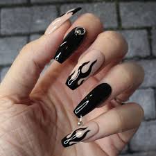 Black And White Flames Nails Tattoo In 2020 Press On Nails Nail Decals Nails