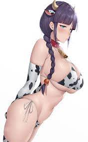 1girls big breasts bikini bleach blue eyes blush breasts cow  bikini cow ears cow horns cow print cowbell eye contact female huge breasts kurotsuchi  nemu looking at viewer purple