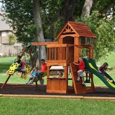 Backyard Discovery Atlantis Cedar Wooden Swing Set Walmart Com Wooden Swing Set Wooden Swings Backyard Playset