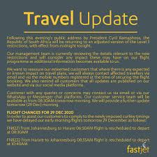 Laguda, fsc, president address : Fastjet Travel Update 28 Dec 20 South Africa Will Be Returning To An Adjusted Version Of Covid 19 Level 3 Restrictions With Effect From Midnight Tonight We Will Keep All Customers
