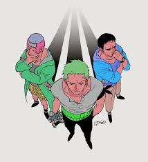 kyoo op, johnny (one piece), roronoa zoro, yosaku (one piece), one piece,  3boys, bald, earrings, full body, green hair, jewelry, katana, multiple  boys, short hair, signature, sunglasses, sword, watch, weapon, wristwatch -  Image View - | Gelbooru - Free Anime