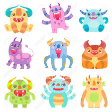 Cute Friendly Monsters With Horns Friendly Funny Aliens Cartoon Characters Fantastic Creatures Vector Ill Cute Monster Illustration Cute Monsters Aliens Funny