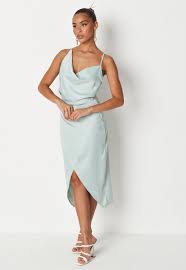 Petite Mint Satin Cowl Neck Drape Midi Dress Missguided