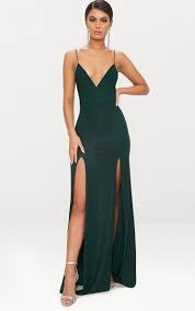 Emerald Green Strappy Plunge Double Split Detail Maxi Dress Emerald Green Prom Dress Green Formal Dresses Green Ball Dresses