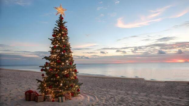 Beach Christmas Tree at Sunset Festive Holiday Celebration on Sandy Shore,  Ocean View, Twilight Sky, Gift Presents, Serene Christmas 69586494 Stock  Photo at Vecteezy