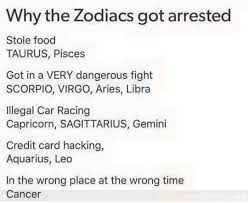 I Either Stole Food Got In A Very Dangerous Fight Or Was In The Wrong Place At The Wrong Time Zodiac Signs Horoscope Zodiac Horoscope Zodiac