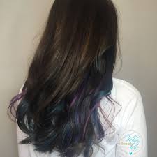 Dark Brown Hair With Vivid Rainbow Highlights Peek A Boo Hidden Rainbow Underlights By Kellyn At Bow Ar Faded Hair Underlights Hair Hidden Hair Color