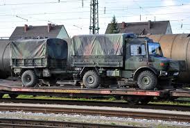 Unimog With 1 Axle Trailer Of The Bundeswehr On Low Loader Of The Railway Mb Unimog Mil 1axle Bundeswehr Loa Unimog Military Vehicles Army Vehicles