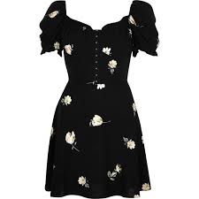 Petite Black Floral Puff Sleeve Dress Black Short Sleeve Dress Dresses Puff Sleeve Dresses