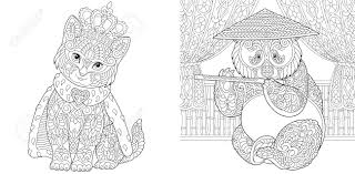 Vector ethnic pattern can be used for wallpaper, pattern fills, coloring books and pages for kids and adults. Adult Coloring Pages Cat In Crown And Panda Bear Line Art Design Royalty Free Cliparts Vectors And Stock Illustration Image 146991228