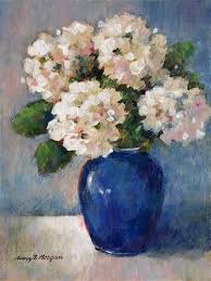 Daily Paintworks Hydrangeas In Blue Vase Original Fine Art For Sale C Nancy F Morgan Hydrangea Painting Flower Art Painting Flowers In Vase Painting