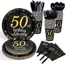 Aperil 50th birthday party decorations black and gold, 30 pack black gold balloons 50th happy birthday printed gold confetti balloon and 20g table confetti for men women birthday party, anniversary 26 £7 88 Decorlife 50th Birthday Plates And Napkins Set For 24 Birthday Party Supplies For Men Cups Knives Forks Spoons Included Total 192pcs Kitchen Dining Amazon Com