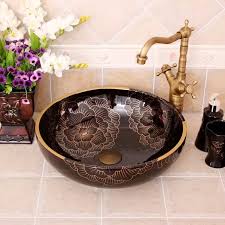 Black Peony Painting China Artistic Handmade Ceramic Bathroom Sinks Lavobo Round Counter Top Antiq Ceramic Bathroom Sink Painting Bathroom Sinks Bathroom Sink