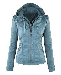 Women Hooded Faux Leather Jacket Blue Leather Jacket Faux Leather Jackets Jackets For Women