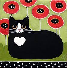 Black And White Tuxedo Cat And Red Poppies Original Folk Art Painting Folk Art Cat Folk Art Painting Cat Painting
