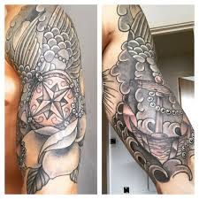 Black And White Nautical Half Sleeve Tattoo Designs Half Sleeve Nautical Tattoo With Anchor And Compass Looking At Ideas For Extending To 3 4 Nautical Tattoo Tattoos Sleeve Tattoos