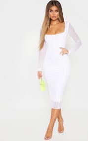 White Mesh Binding Detail Long Sleeve Midi Dress Long Sleeve Midi Dress White Long Sleeve Dress Formal Dresses With Sleeves
