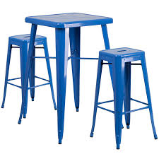 The table has got a metal frame and a solid, decorative top. Flash Furniture Commercial Grade 30 Round Blue Metal Indoor Outdoor Bar Table Set With 2 Square Seat Backless Stools Patio Furniture Accessories Patio Lawn Garden Ohmychalk Com