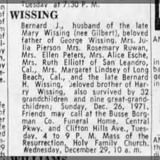 Bernard J Wissing death 1971