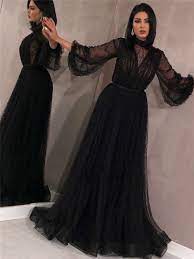 إشتري فستان نسائي طويل بأكمام واسعه بتصميم انيق فساتين السهرة في Jolly Chic الدفع عند الاستلام Cheap Prom Dresses High Neck Long Sleeve Dresses