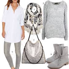Weiss Graues Damenoutfit Mit Bluse Und Schal Silvester Outfit Damen Outfit Bluse