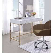 Two Drawers Wooden Desk With Tubular Metal Base White And Gold Overstock 28554061 Two drawers wooden desk with tubular metal base, white and gold.